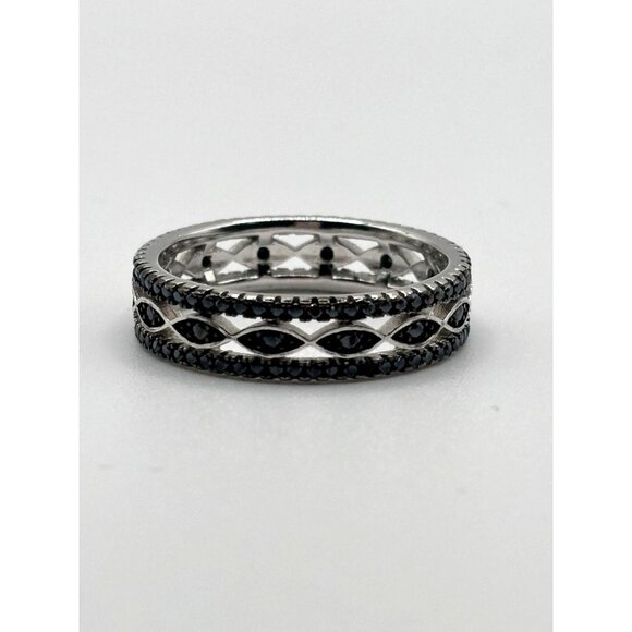 Black Spinel Eternity Ring 925 Sterling Silver Rhodium-Plated Size 10 - Picture 1 of 9